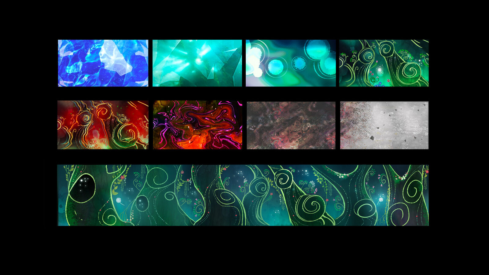 Animation frame grid showing water, fire, flora, and abstract projected visual styles