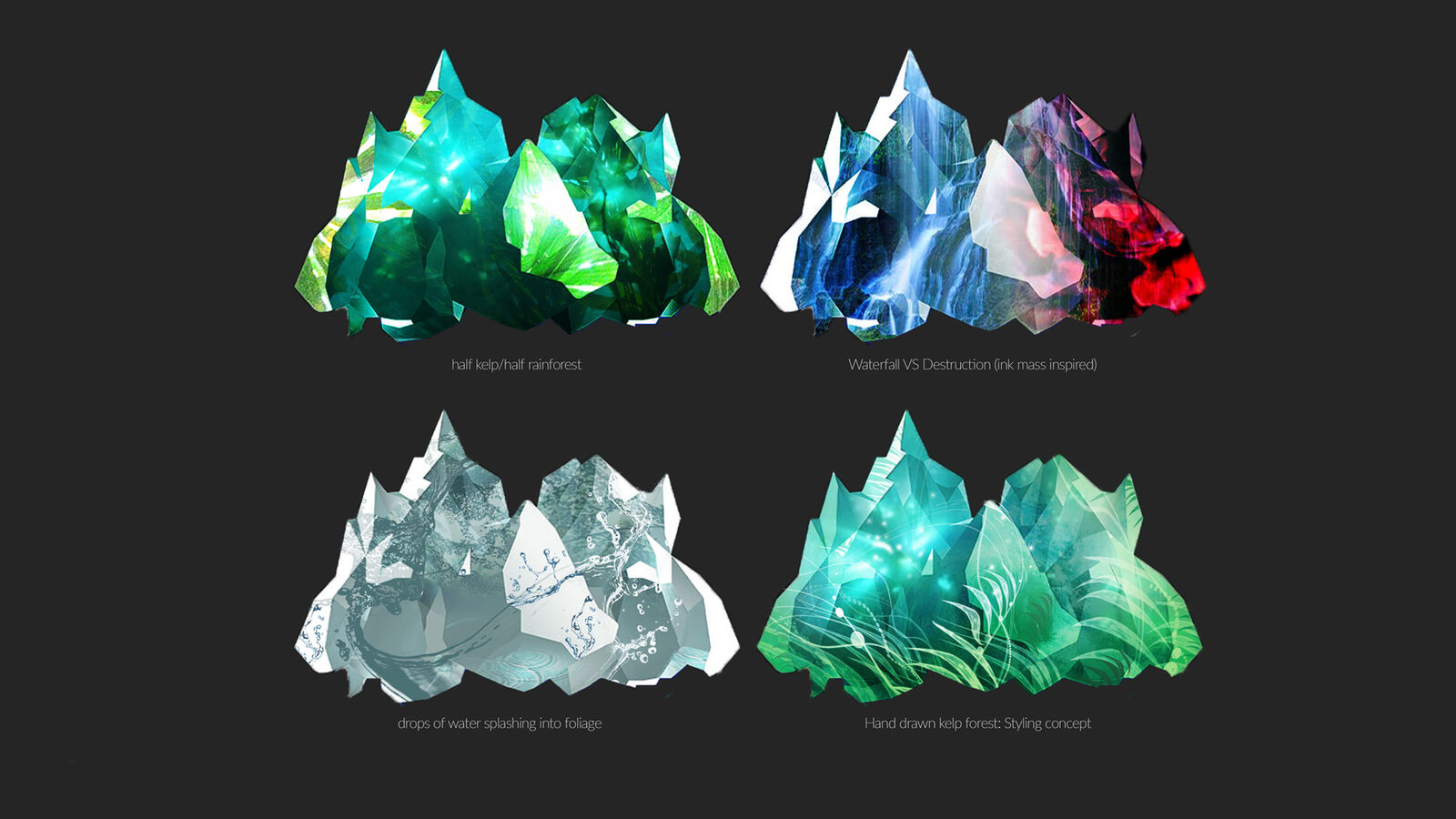 Four visual concepts for Glacier — kelp forest, waterfall, water drops, and foliage designs