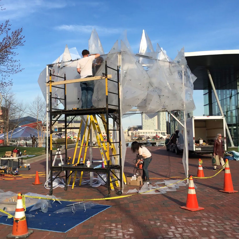 Assembling Glacier sculpture at Baltimore Visitor Center during daytime
