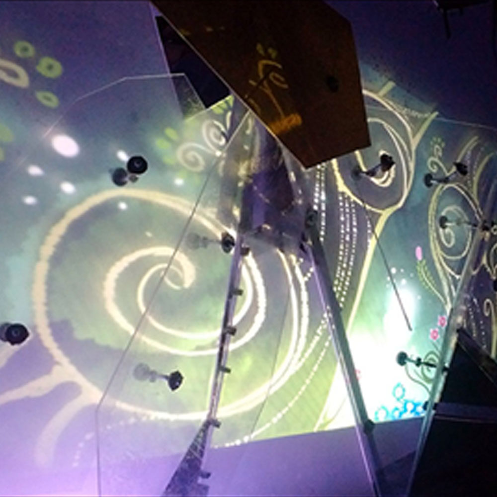 Close-up of projection test on plexi glass panels