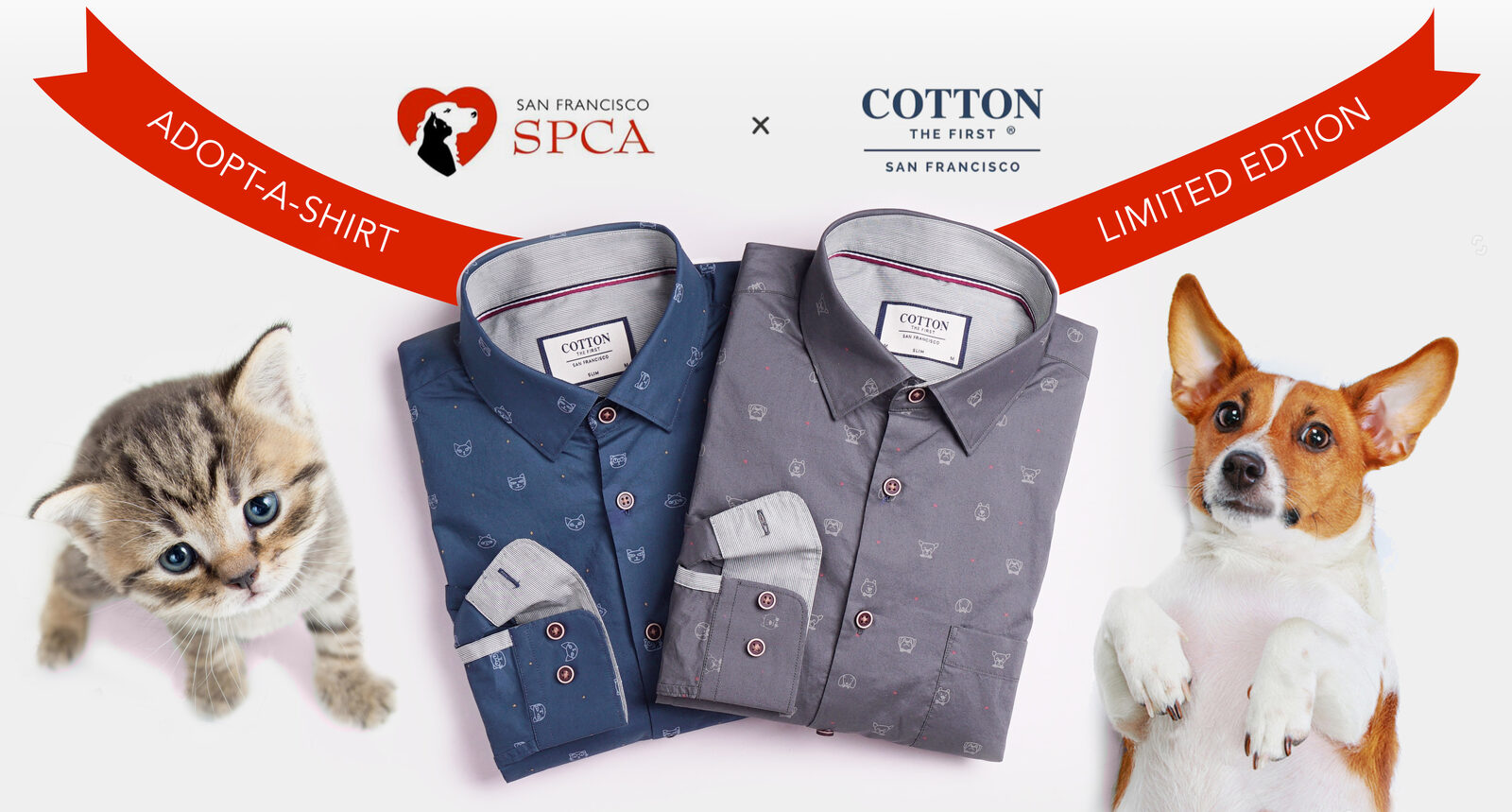 Both colorways side by side — blue and gray SPCA capsule shirts