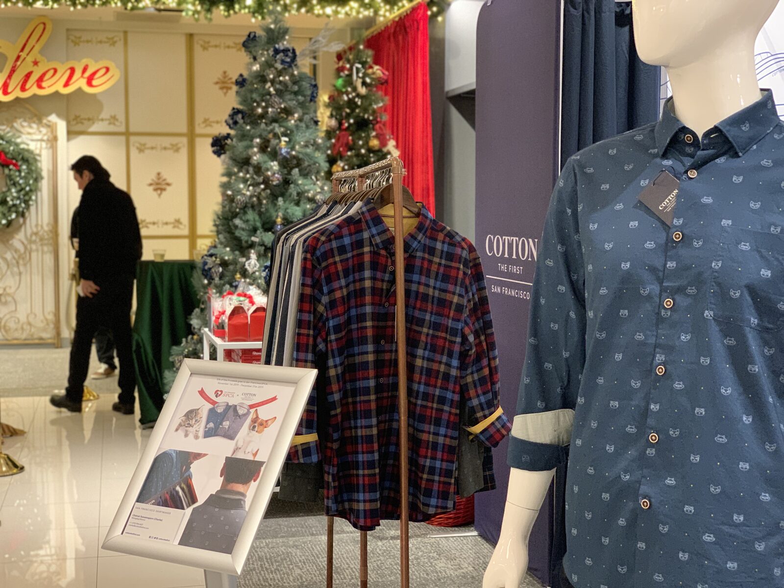 Cotton the First mannequin and shirt rack at Macy's holiday pop-up